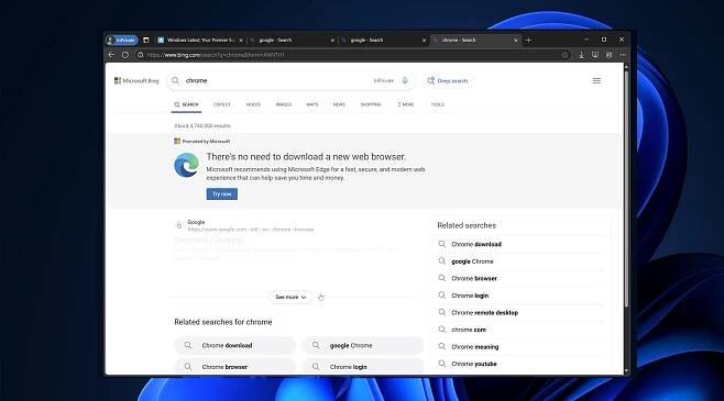 Microsoft Edge’s Bing now hides Google Chrome download link on Windows 11