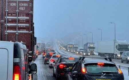 Traffic at a standstill on the M62 motorway near Kirklees, West Yorkshire 