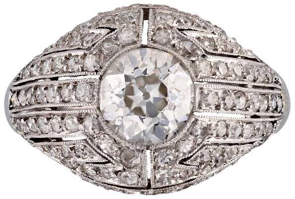 French 1930s Diamond Platinum Art Deco Dome Ring