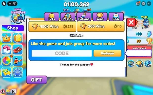 A screenshot of Kayak Racing in Roblox showing the game's codes field.