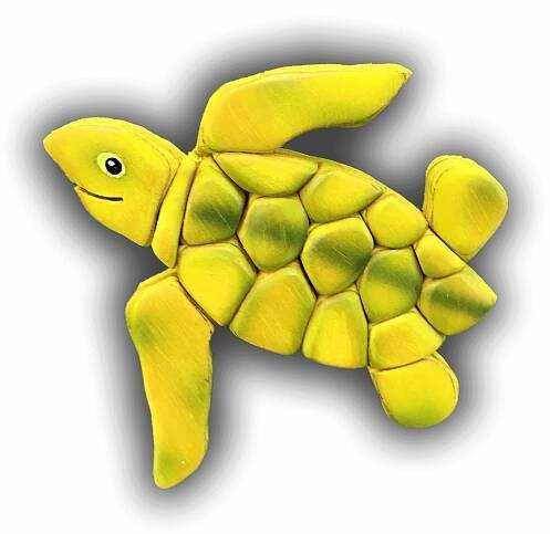 A yellow sea turtle with a green shell on a white background