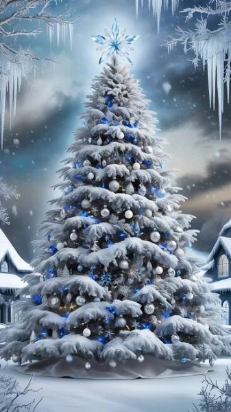 a snow covered christmas tree in front of a snowy night sky with icicles hanging from it