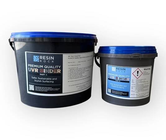 Two black plastic containers with blue lids, labeled "Resin Rock UVR Resin Kit (Copy)," are displayed on a white background. The larger container is on the left and the smaller one is on the right.