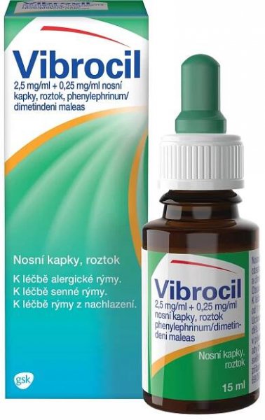 Vibrocil 2,5mg/ml+0,25mg/ml, nosní kapky při léčbě rýmy 15 ml
