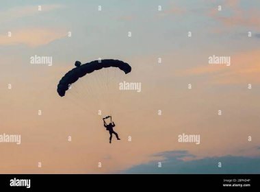 Parachutist falling from the sky in evening sunset dramatic sky. Recreational sport, Paratrooper silhouette on colored sky. Stock Photo