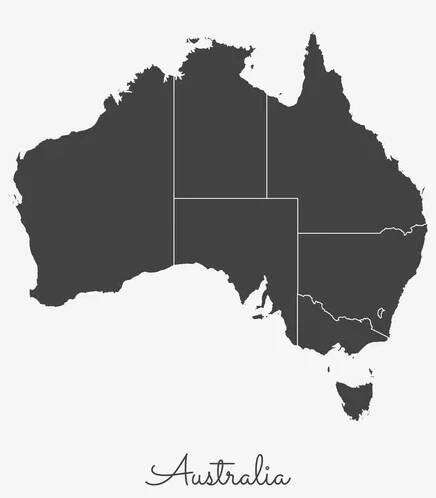 Oblasti Austrálie mapa šedý obrys na bílém pozadí podrobnou mapu v Austrálii vektor — Ilustrace