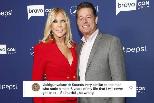 A photo of Vicki Gunvalson and Steve Lodge at a red carpet and her comment