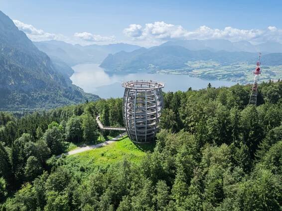 Luftaufnahme des spiralförmigen Aussichtsturms vom Baumwipfelpfad im Wald, mit Blick auf Traunsee und Berge unter klarem Himmel.