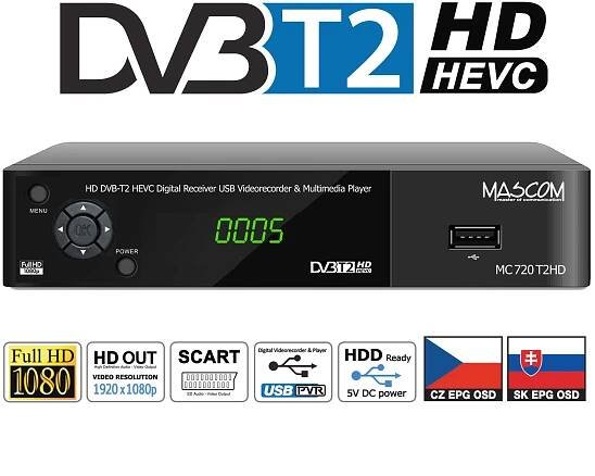 Mascom MC720 T2 HD Přijímač DVB-T2 HEVC, USB PVR