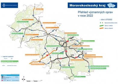 Mapa významných oprav Správy Ostrava (červenec 2022) - Ředitelství silnic a dálnic s. p. pro Moravskoslezský kraj