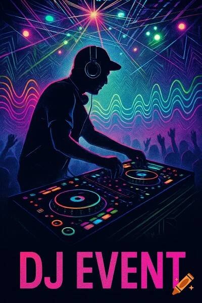 Vibrant, stylized image of a DJ silhouetted against neon lights, mixing music at a concert. Text: DJ EVENT.