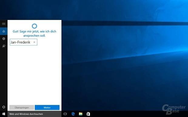 Cortana fragt nach dem Namen des Anwenders