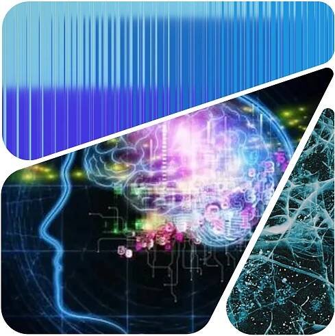 An abstract image intertwines three sections: a blue vertical line pattern, a digital illustration of a human brain with colorful neural connections, and a web of interconnected blue nodes. The design hints at themes of technology, quantum innovations, and artificial intelligence.