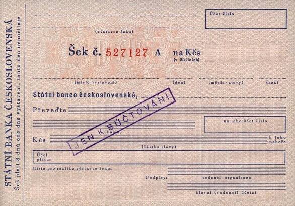 Zúčtovací soukromý šek Státní banka československá SBČS, série A, 1950-1959