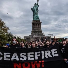 Protesters stage sit-in demanding ceasefire in Gaza at Statue of Liberty