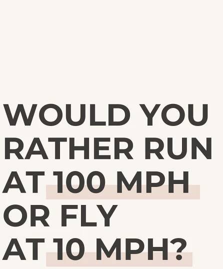 white graphic with black text with a crazy and wild question for adults that asks “would you rather run at 100 MPH or fly at 10 MPH?”