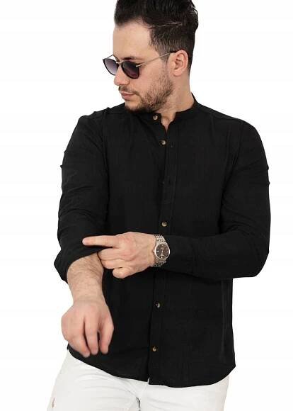 PÁNSKÁ LNĚNÁ KOŠILE LEN CASUAL STOJÁČEK ČERNÁ - XL Barva černá