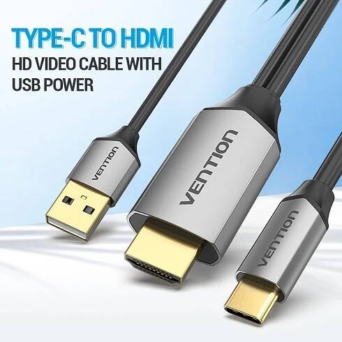 Vention Type-C (USB-C) to HDMI Cable with USB Power Supply 1m Black Metal Type