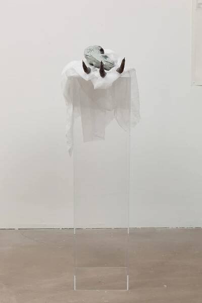 José Rojas, FRACKING, Claw with offering, 2014
Clay, steel, muslin, resin, gourd, plexiglass. ‘FRACKING’
, José Rojas
