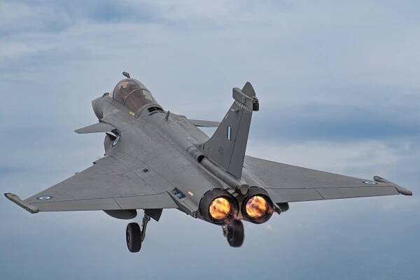 Hellenic Air Force Rafale takes off for a morning sortie.