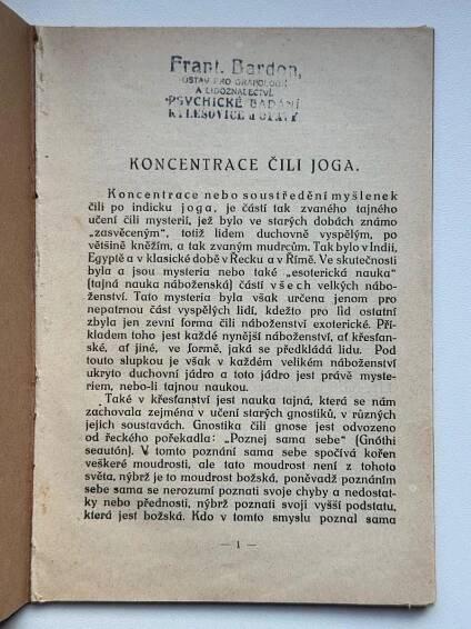 Karel Weinfurter: Koncentrace čili joga (majitel František Bardon)