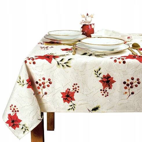 Vánoční ubrus odolný proti skvrnám s motivem červených poinsetií – 130 x 100 cm