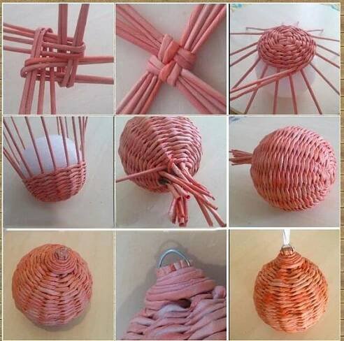 instructions to make a wicker ball ornament with pink yarn and twine