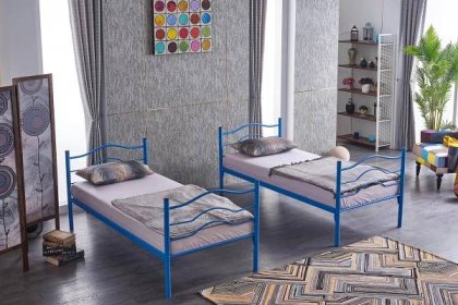 Kovová patrová postel, modrá, 90x200, UNIMET MYRA