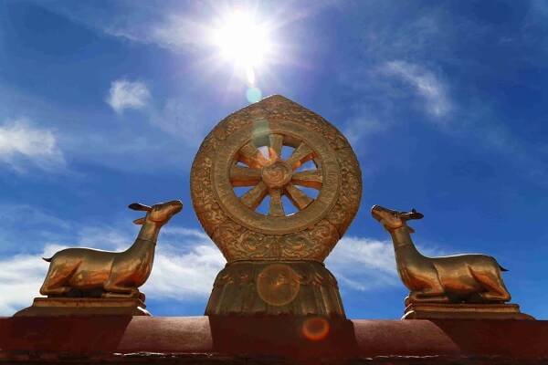 Two listening deer and the wheel of Dharma Jokhang Temple