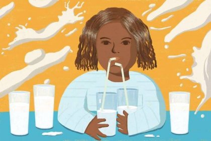 illustration of girl guzzling milk through a straw from various glasses