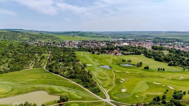 an aerial view of a golf course at Golf Hotel Austerlitz in Slavkov u Brna
