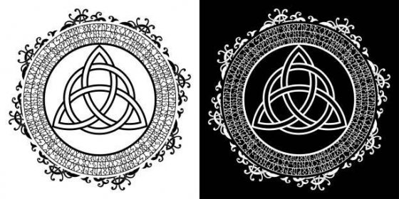 kruhový runový rám triquetra. keltský uzel, trojúhelníková postava, používaná ve starověké výzdobě, obklopená hranicí, z run. vektorová ilustrace.ikona uzlu trinity černobílá barva - trojhranná kost stock ilustrace