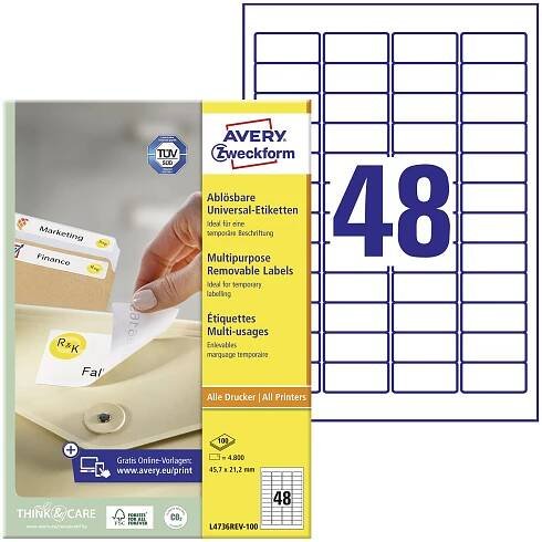 Avery-Zweckform L4736REV-100 univerzální etikety 45.7 x 21.2 mm papír bílá 4800 ks přemístitelné inkoustová tiskárna, la