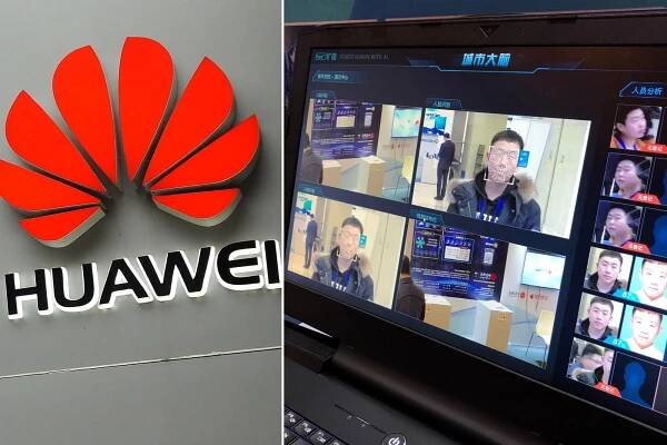 Left, a Huawei logo. Right, a laptop computer shows the facial recognition system of Chinese software maker Megvii Face++
