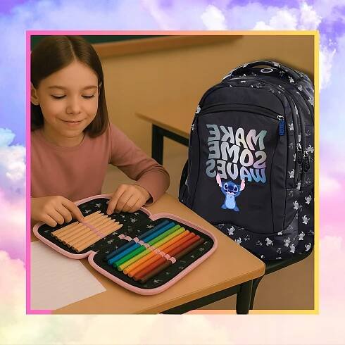 Školní batoh Stitch tříkomorový černý lehký back to school Disney Velikost velká (formát A4)