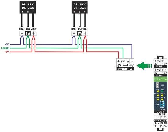 Příklad větevní linky 1-WIRE, třivodičové zapojení 