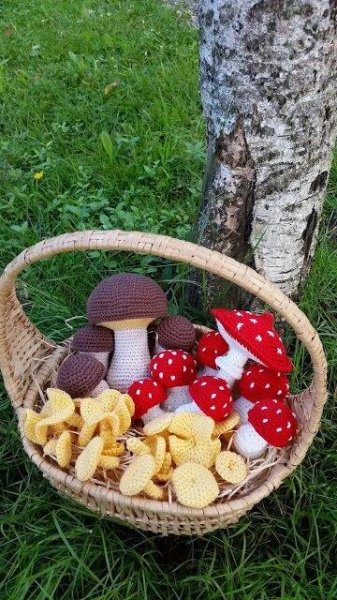 a basket filled with mushrooms and other items next to a tree in the grass,
