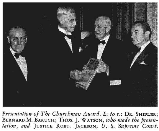 Picture of Thomas J. Watson Sr. presenting The Churchman Award to Bernard M. Baruch.