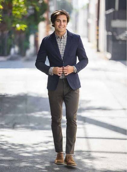 a man wearing a smart casual business outfit of a blazer, checkered pattern button up shirt, chino pants, and lace up dress shoes