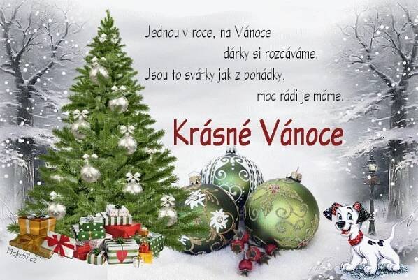 a christmas card with presents and a dog in front of a christmas tree that reads krasne vanoce