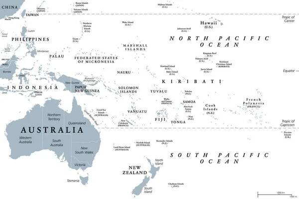 Oceánie, šedá politická mapa. Austrálie a Tichomoří, včetně Nového Zélandu. Zeměpisná oblast jihovýchodně od asijsko-pacifické oblasti, včetně Austrálie, Melanezie, Mikronésie a Polynésie. — Ilustrace
