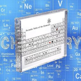 Akrylová periodická tabulka s reálnými prvky, zobrazení chemických ...