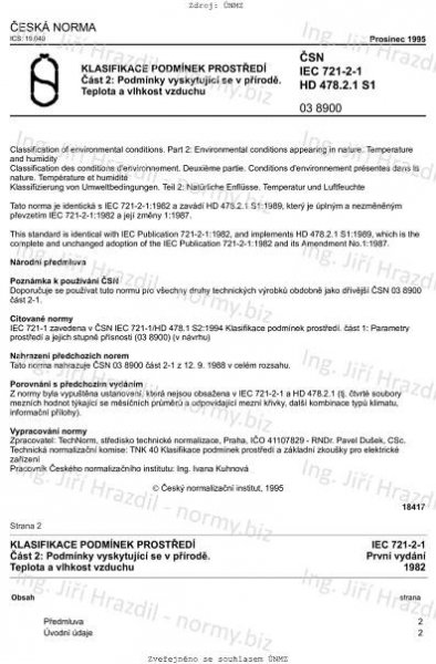 ČSN IEC 721-2-1 (038900) - Klasifikace podmínek prostředí. Část 2: Podmínky vyskytující se v přírodě. Teplota a vlhkost