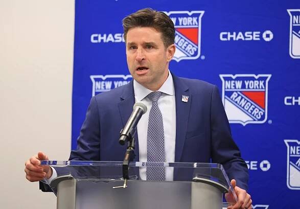 Chris Drury President and general manager of the New York Rangers speaks when the New York Rangers welcomed their new head coach Mike Sullivan Thursday, May 8, 2025 at Madison Square Garden Training Center in Greenburgh, NY. 