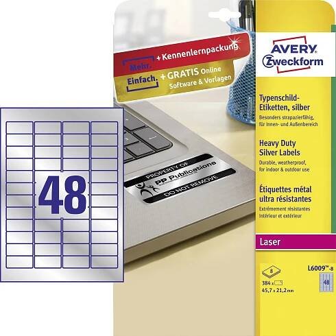 Avery-Zweckform L6009-8 typové štítky 45.7 x 21.2 mm poylesterová fólie stříbrná 384 ks trvalé laserová tiskárna, kopírka, ruční popis