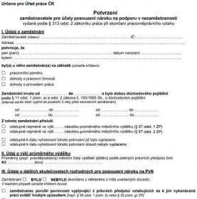 Ukázka formuláře "Potvrzení zaměstnavatele pro účely posouzení nároku na podporu v nezaměstnanosti".