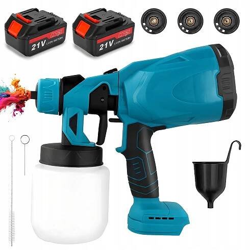 Akumulátorová stříkací pistole HDeye 21V, 800W, 3 trysky, 800ml, 2 baterie, modrá