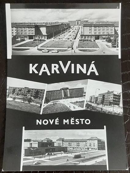 Karviná Nové Město koláž Náměstí Budovatelů hornické učiliště  - Pohlednice místopis