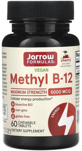 Jarrow Formulas, Veganský methyl B-12, maximální síla, třešeň, 5 000 mcg, 60 žvýkacích tablet