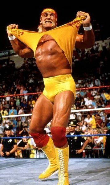 Hulk Hogan makes his entrance during a match while with the WWE on July 28, 1991 in Connecticut.